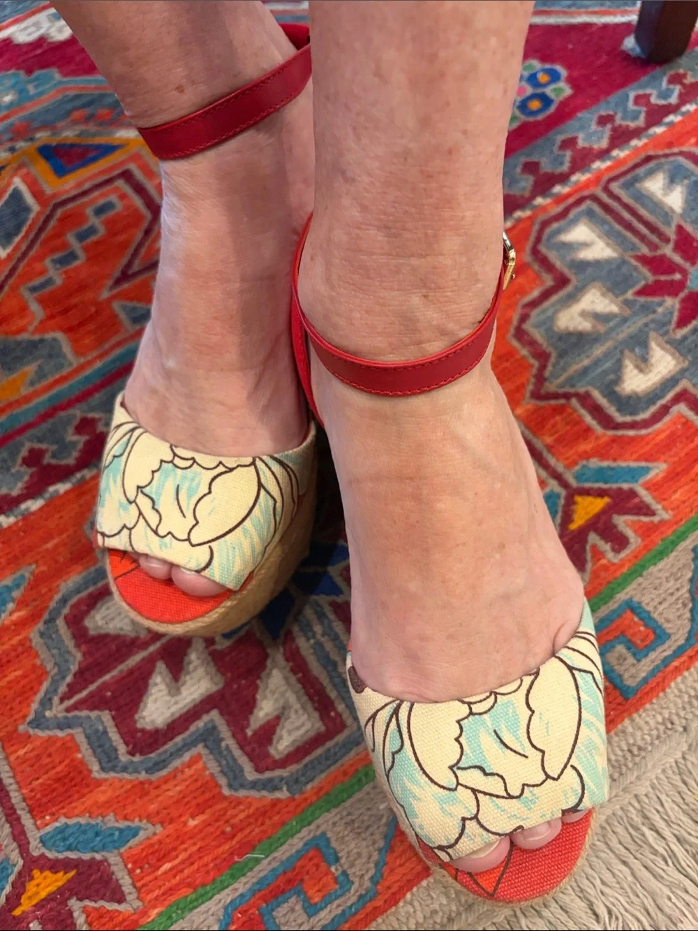 Tory Burch Red Floral Espadrille Wedge Sandals - Women Sz 8.5